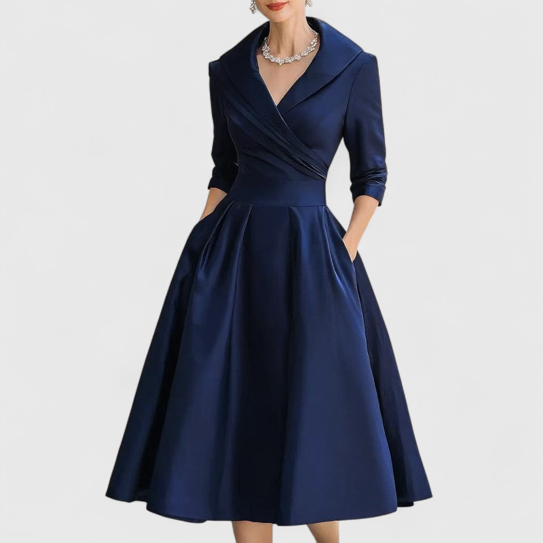 Satin Shawl Collar Wrap Fit and Flare Midi Dress