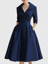 Satin Collared Long Sleeve Fit and Flare Midi Dress 5