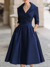 Satin Shawl Collar Wrap Ruched Fit and Flare Midi Dress Cocktail 5