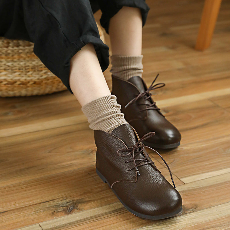 Brush-Off Leather Boots Lace-Up Soft Ankle Booties Casual Work Combat Boots Coffee/Brown