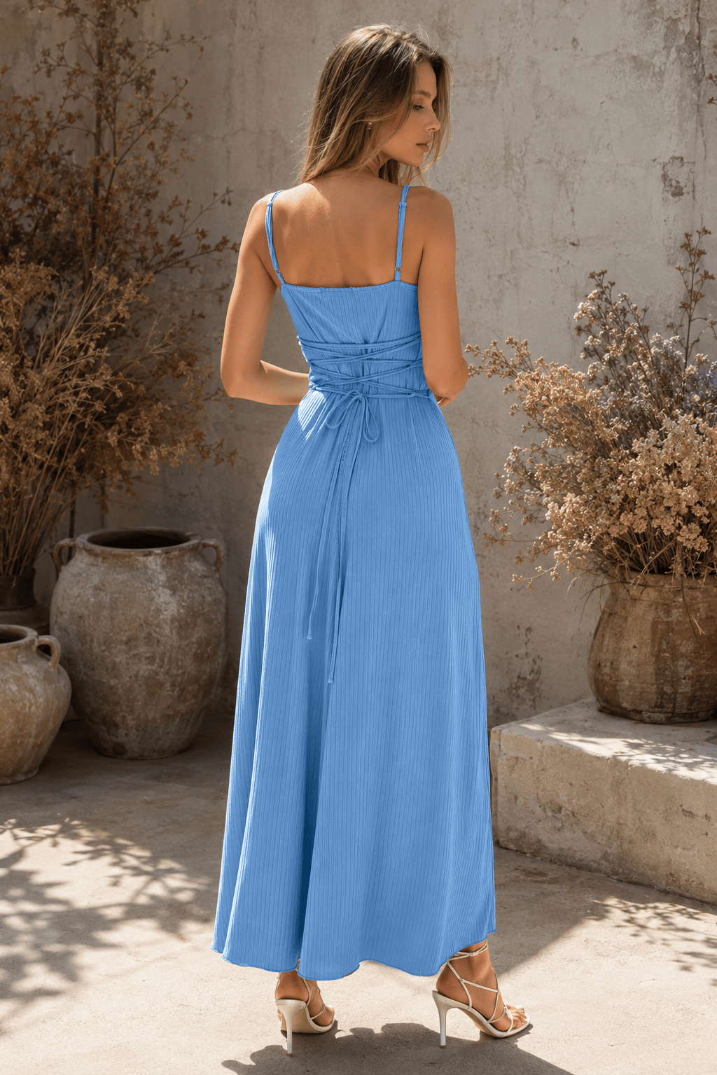 Solid Ribbed Tie Back Waist Cinch Slip Dress