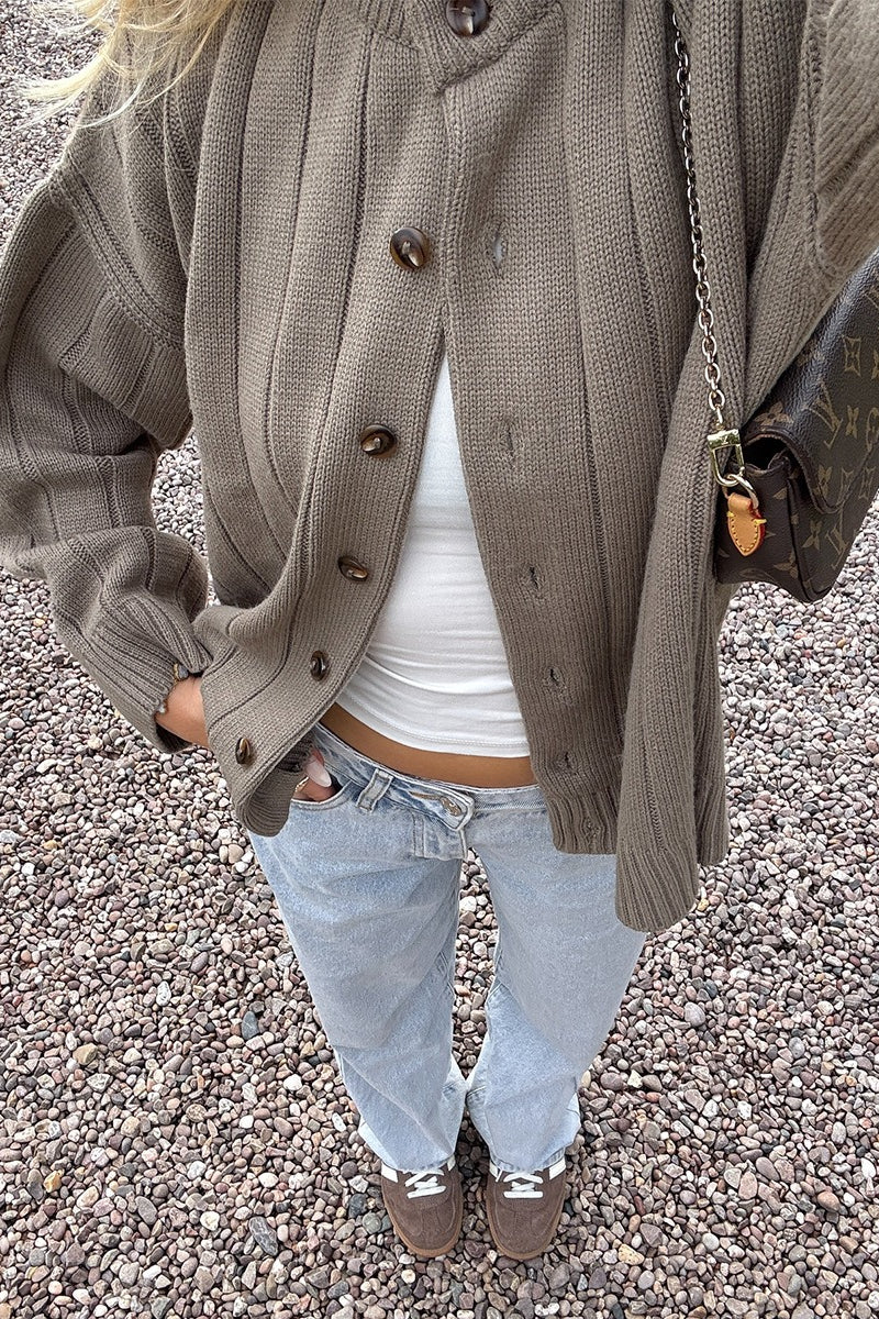 Textured Ribbed Round Neck Knit Cardigan