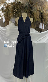 Denim Halter Neck Sleeveless Twist Waist Maxi Dress 4