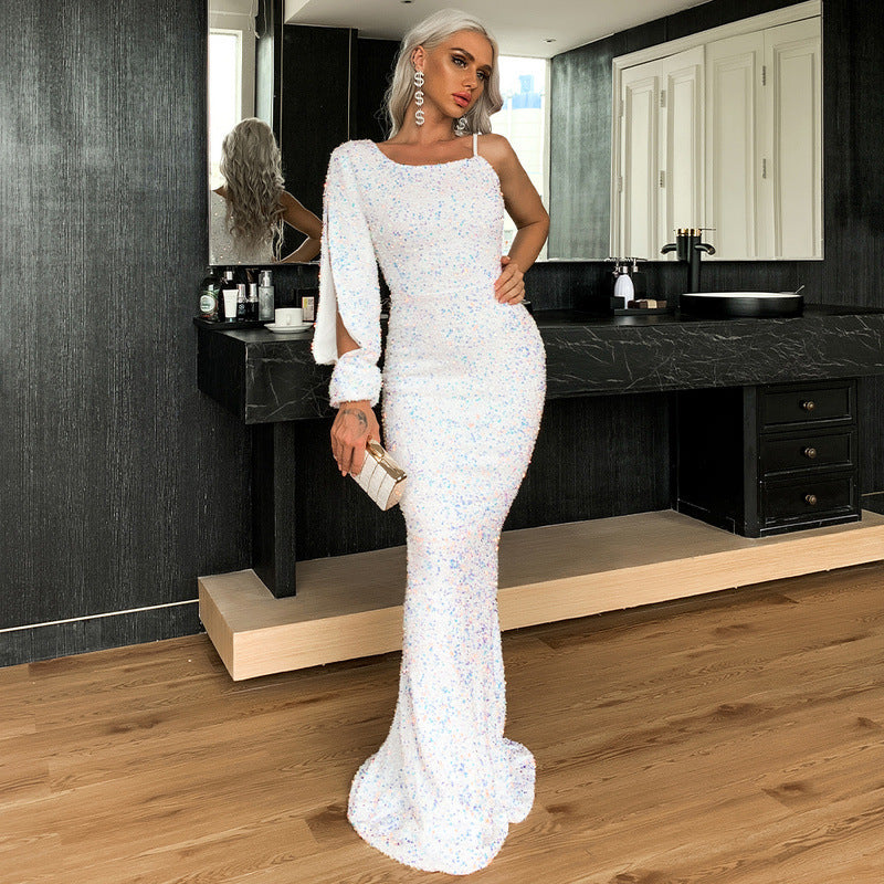 Christmas Small Trailing Evening Dress Solid Color Fishtail Dress Female