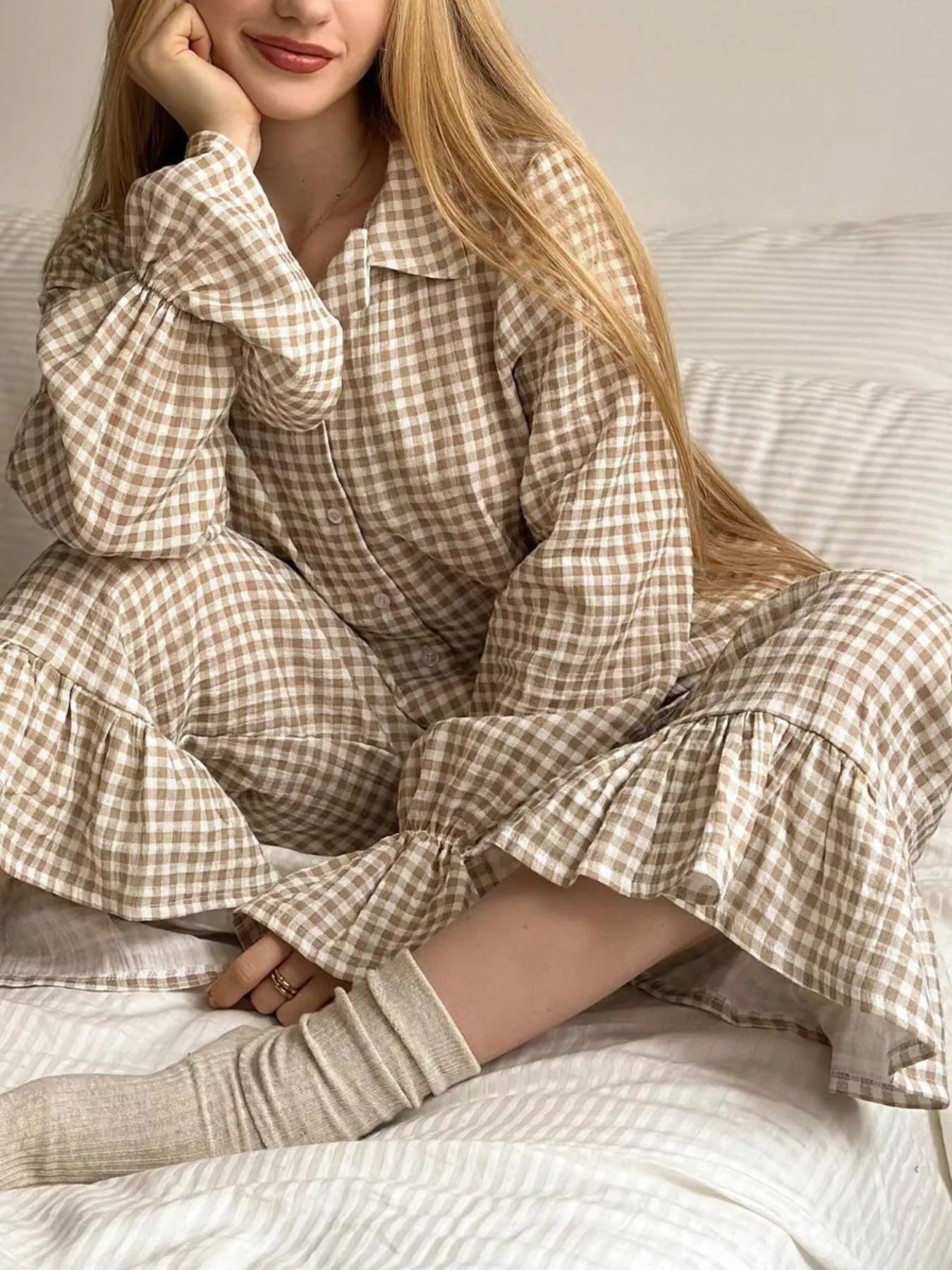 Gingham Ruffle-Trim Top and Pants Lounge Set