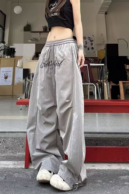 Script Embroidered Drawstring Waist Toggle Hem Baggy Parachute Pants 2