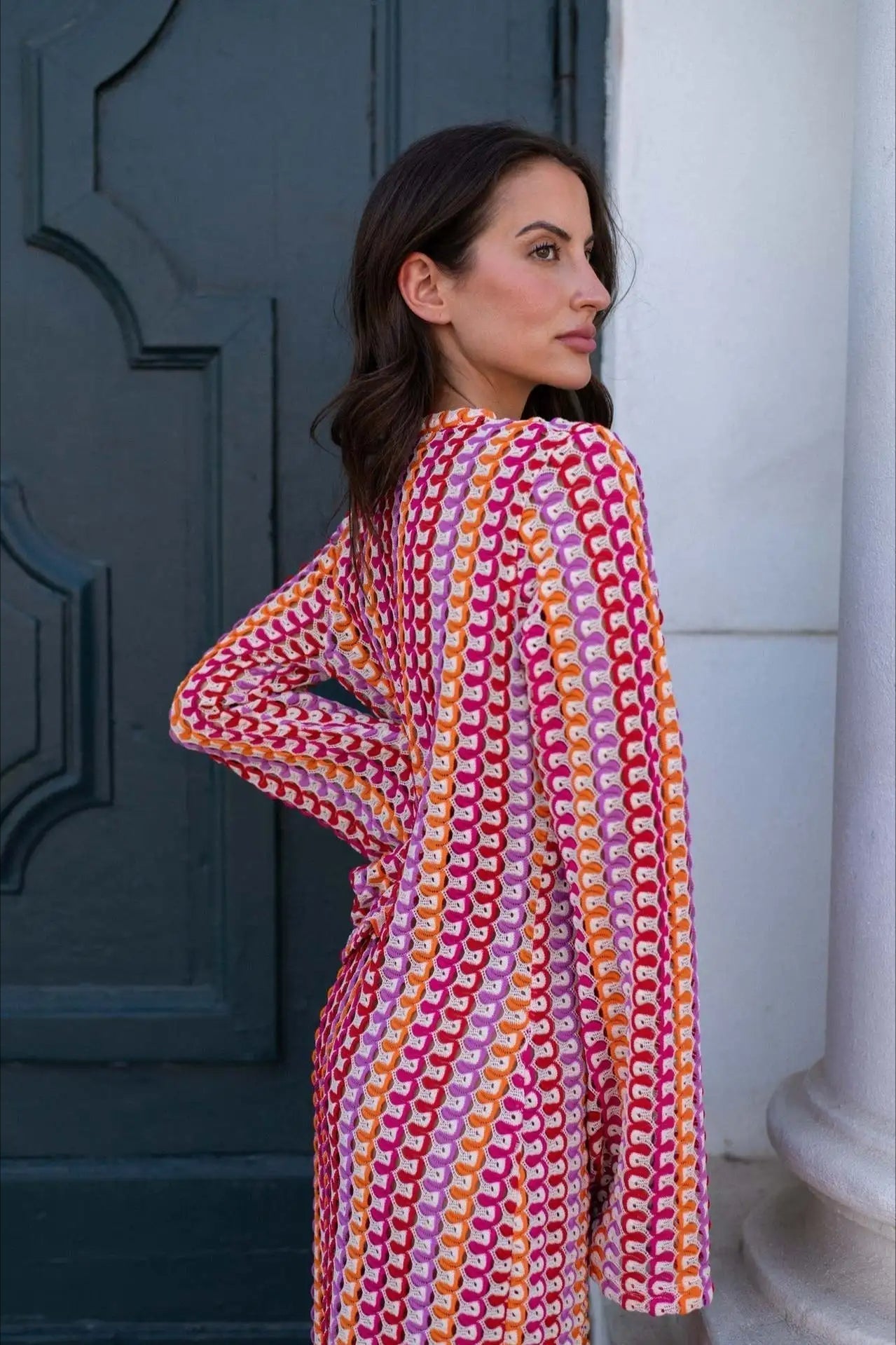 Knit Deep V-Neck Bell Sleeve High Split Maxi Dress