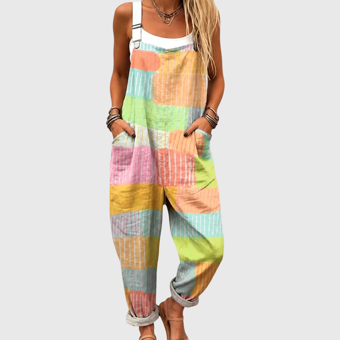 Colorblock Patchwork Bib Pocket Wide Leg Overall Jumpsuit