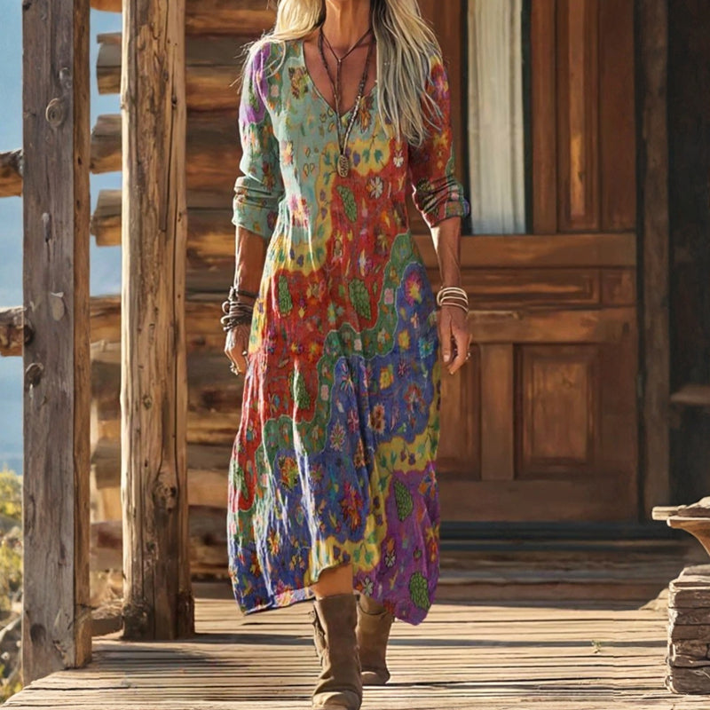 Floral Print V-Neck Long Sleeve Tiered Maxi Dress