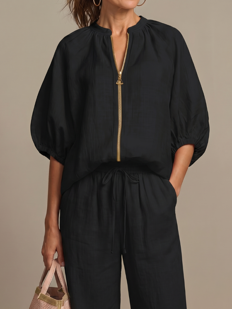 Puff Sleeve Zip Front Top and Wide Leg Pants Two Piece Set