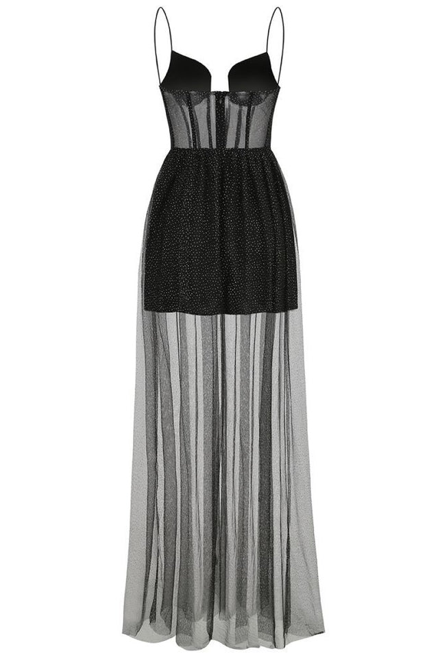 Glitter Tulle Sheer Corset Bodice Spaghetti Strap Maxi Gown 10