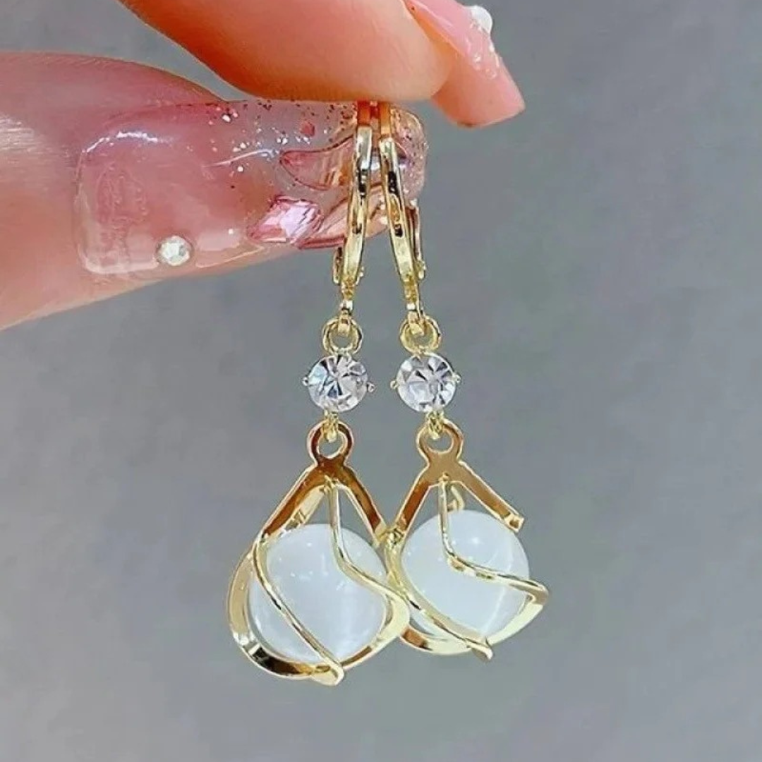 Moonstone Ball Rhinestone Gold Drop Earrings