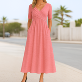 V-Neck Short Sleeve Ruched Fit and Flare Midi Dress 6