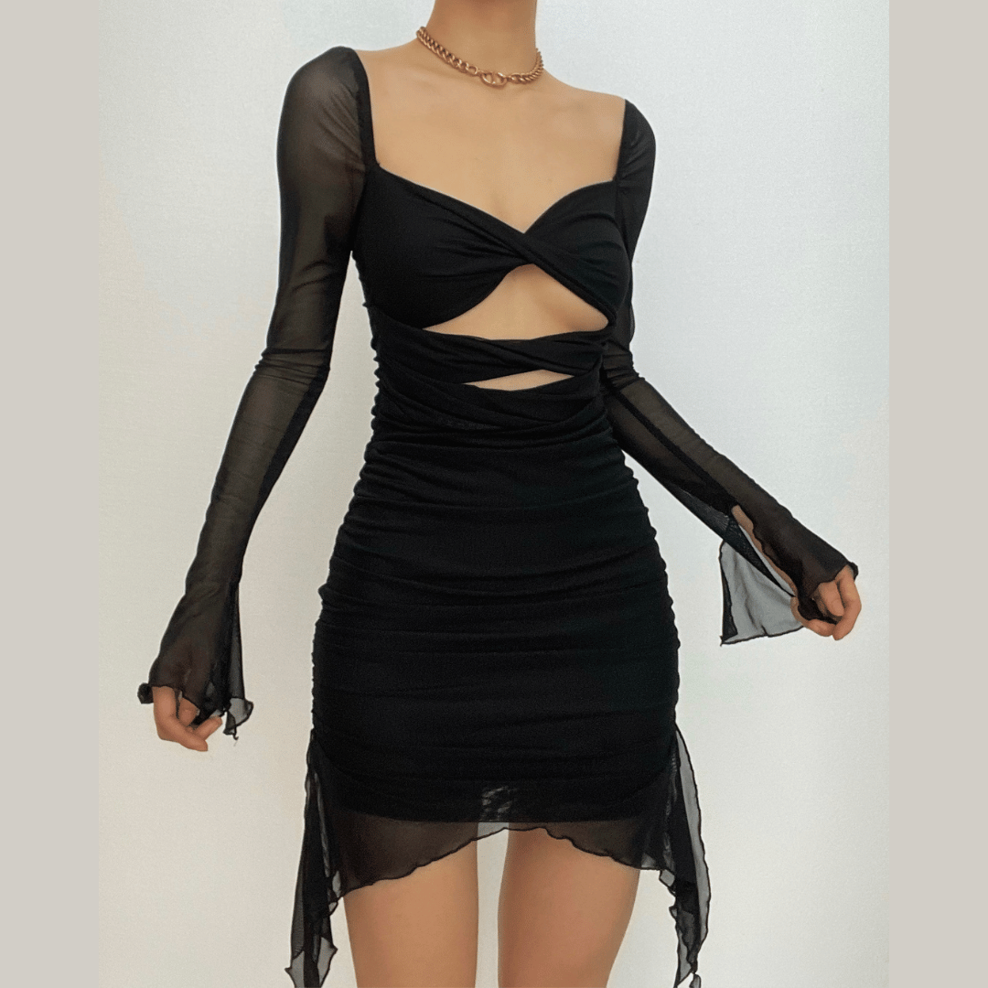 Mesh Long Sleeve Twist Front Cut Out Ruched Asymmetric Hem Mini Dress