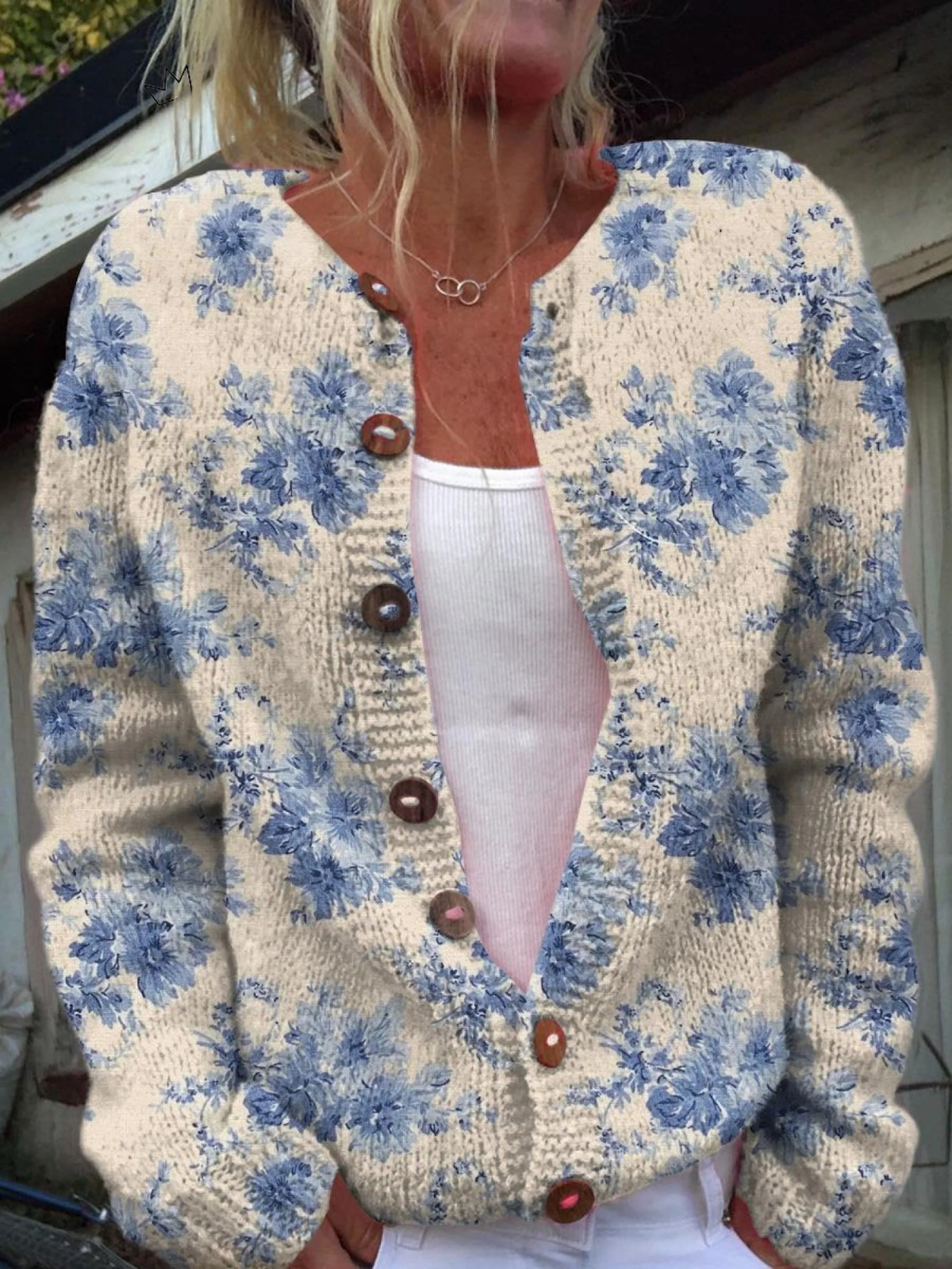 Floral Round Neck Button Front Knit Cardigan