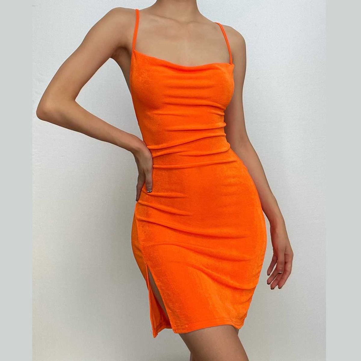 Cowl Neck Spaghetti Strap Side Slit Bodycon Mini Dress