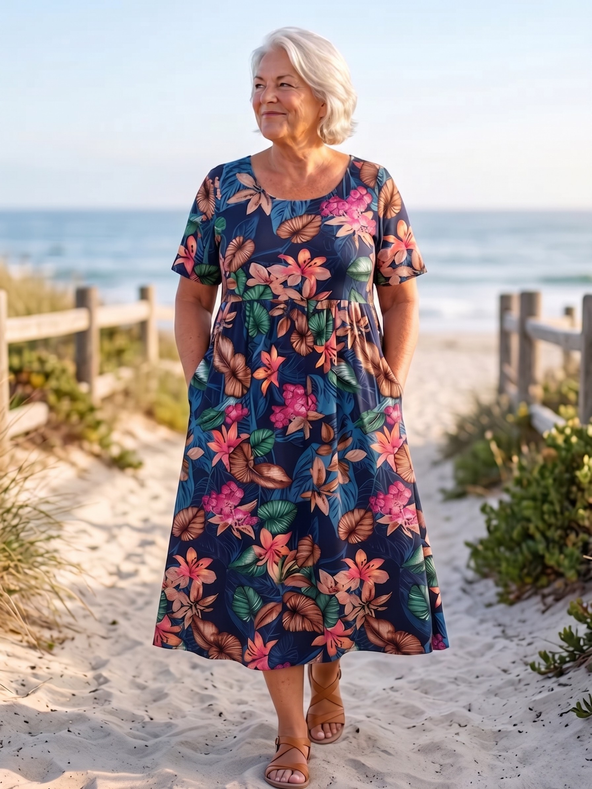 Tropical Floral Scoop Neck Short Sleeve Pocket Midi Dress