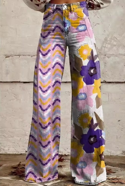 Mixed Floral Print High Waist Wide Leg Pants