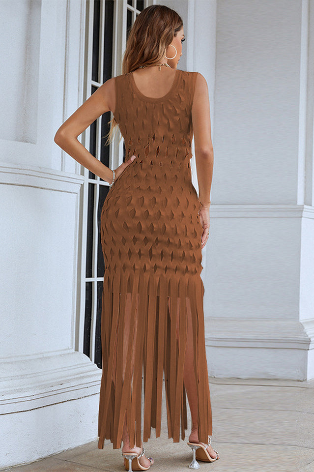 Sleeveless Round Neck Cut Out Fringe Hem Bodycon Maxi Dress 8