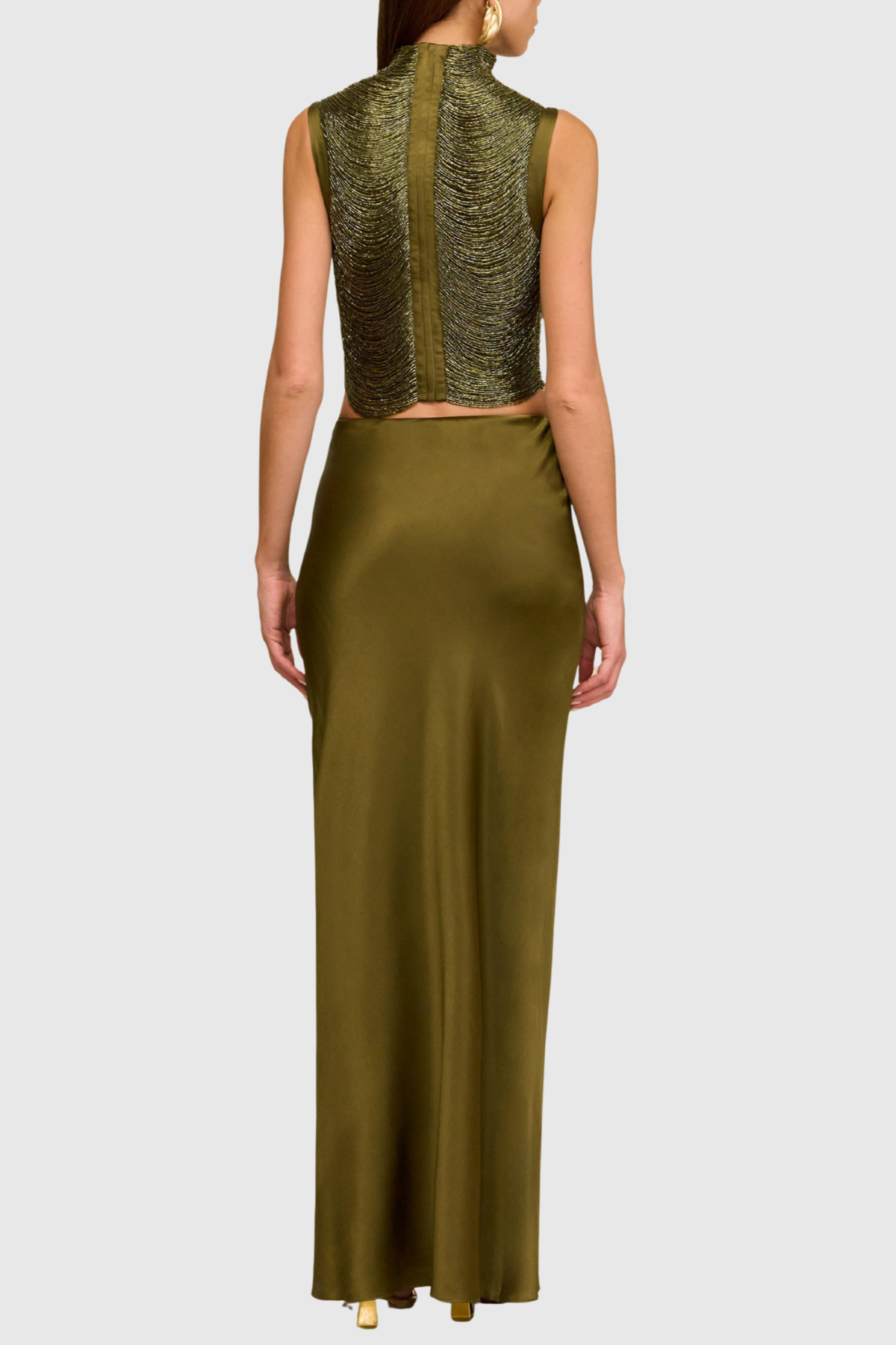 Olive Satin Fringe Two-Piece Set