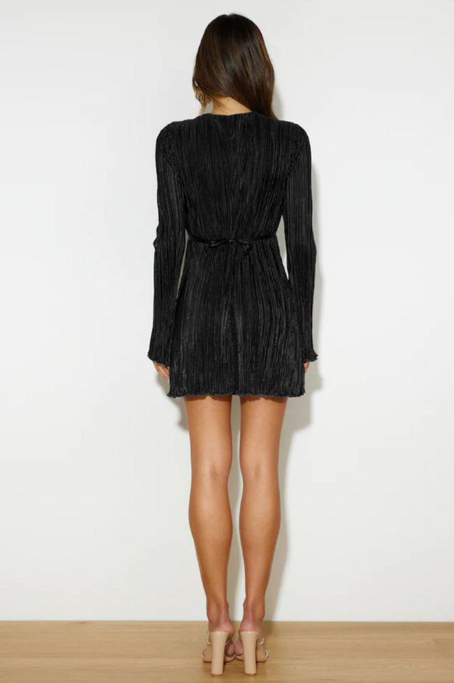 Plisse Deep V-Neck Flare Long Sleeve Lace Up Front Mini Dress 28
