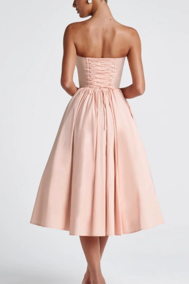 Strapless Bow Corset Satin Fit and Flare Midi Dress
