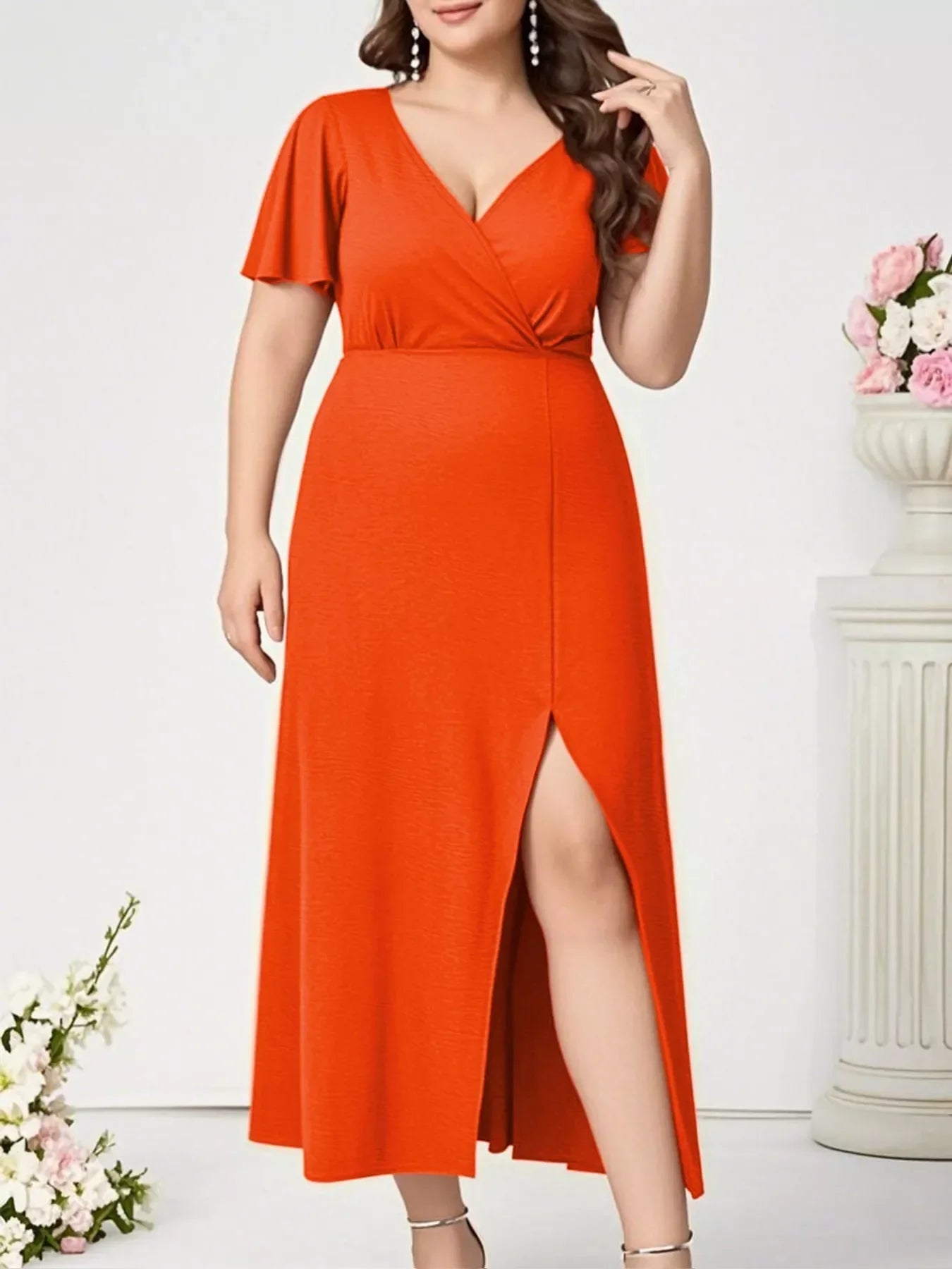 Orange Plus Size Surplice Flutter Sleeve Dress: Orange