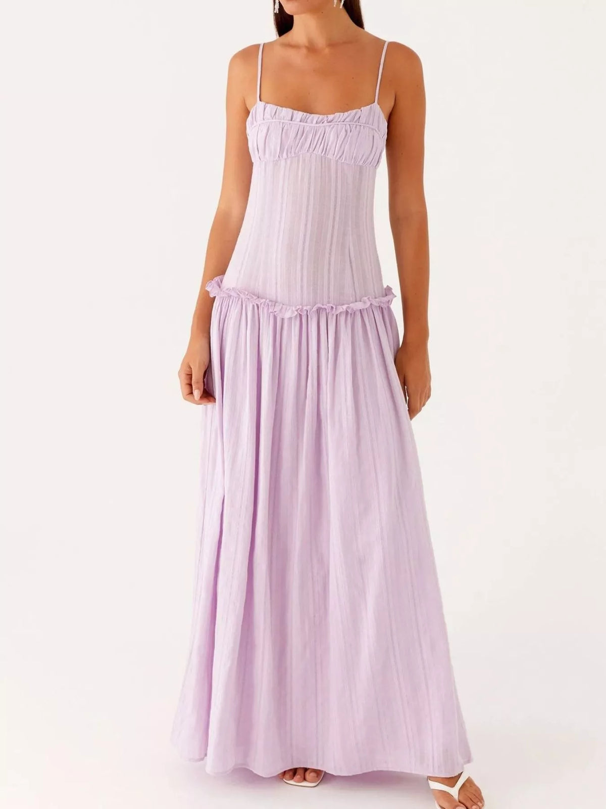 Ruched Bust Drop Waist Ruffle Trim Cami Maxi Dress 18
