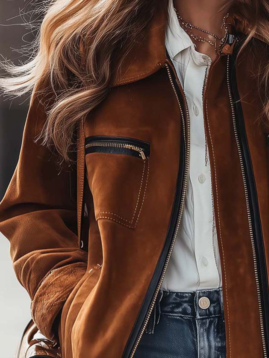 Caramel Microfiber Suede Zip-Up Jacket