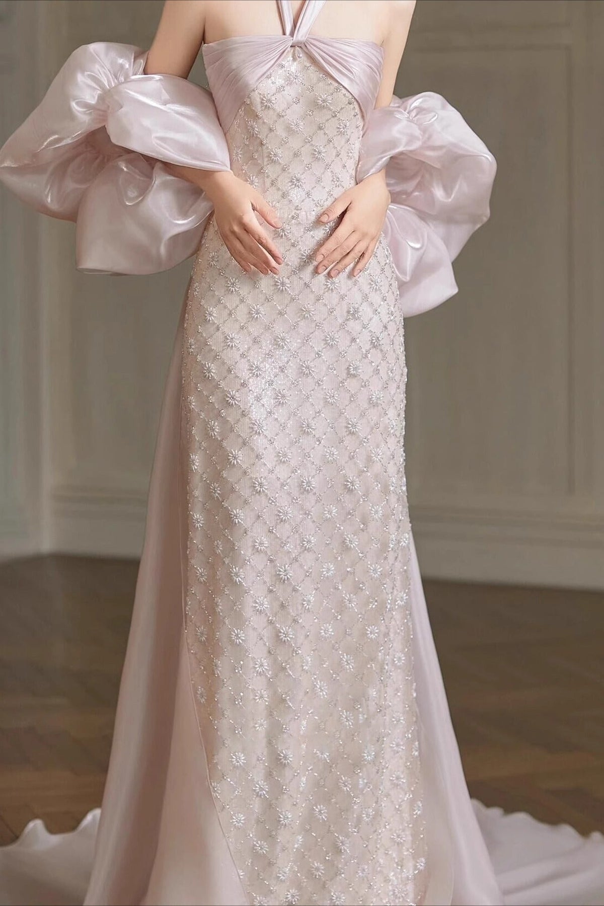 Halter Neck Beaded Column Gown with Detached Puff Sleeves and Train 3