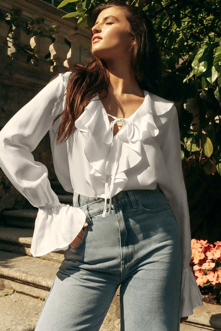 Satin Ruffle V-Neck Cross Strap Flounce Cuff Long Sleeve Blouse 4