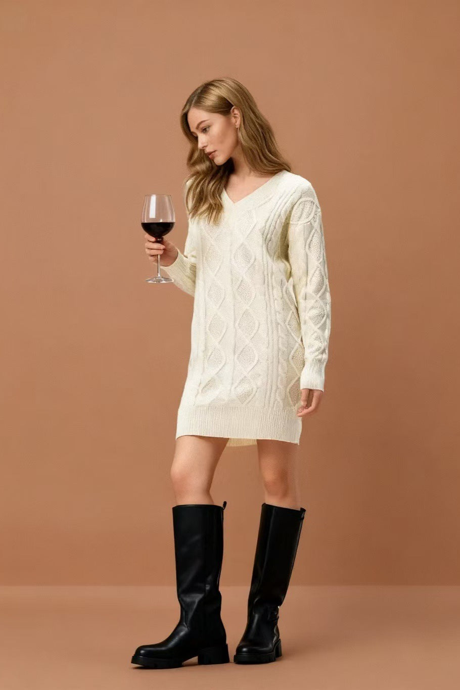 V-Neck Cable Knit Sweater Dress