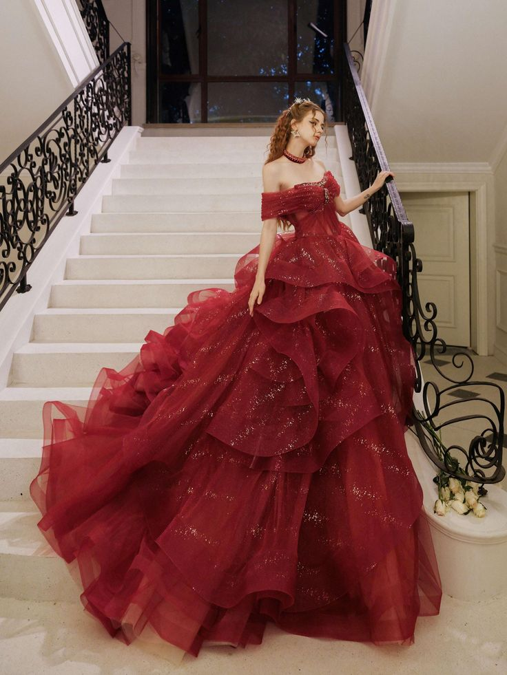 Glitter Off-Shoulder Evening Gown, Red Tulle Beaded Ball Gown Fairy Quinceanera Dress cc1702