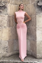 High-Neck Ruched Bodycon Dress