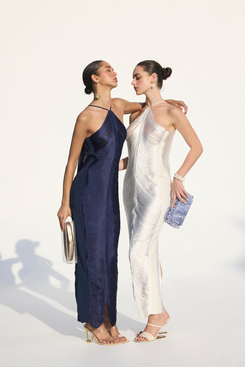 CELEB FUR IRREGULAR MAXI DRESS-WHITE