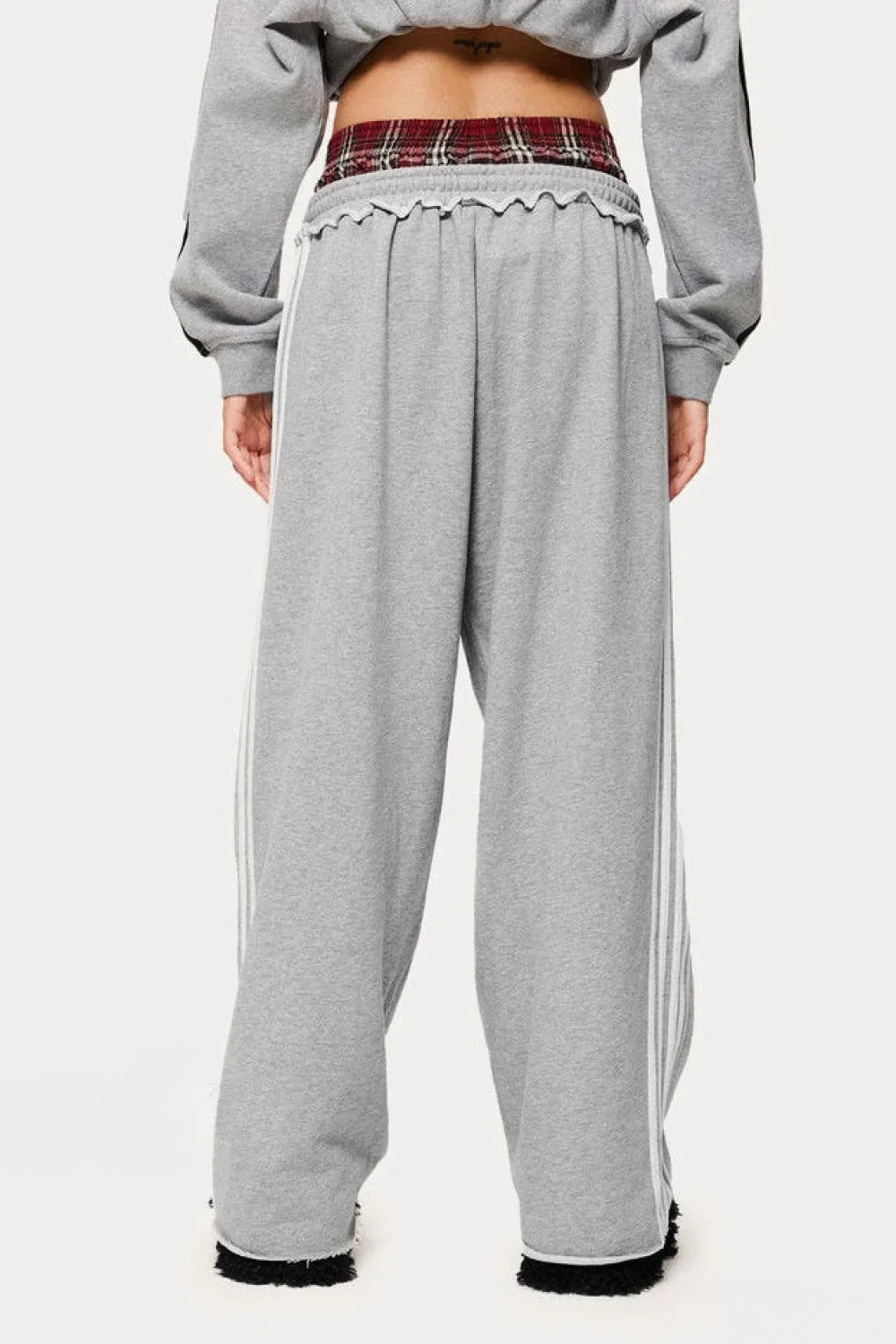 Plaid Double Waist Drawstring Side Stripe Wide Leg Jogger Pants 5