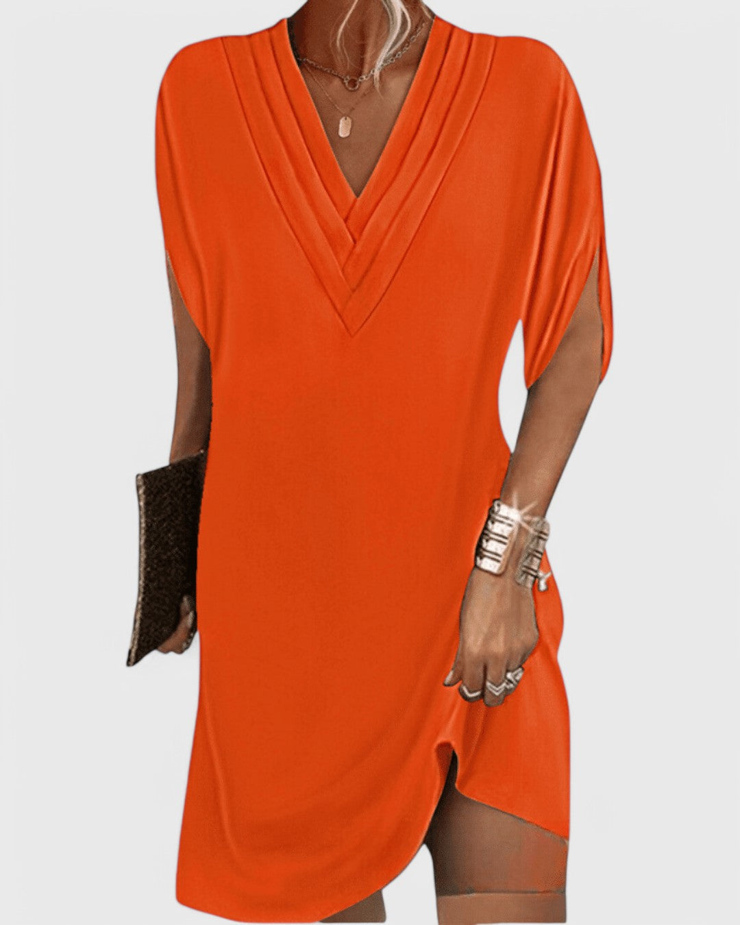 Deep V-Neck Short Sleeve Shift Mini Dress