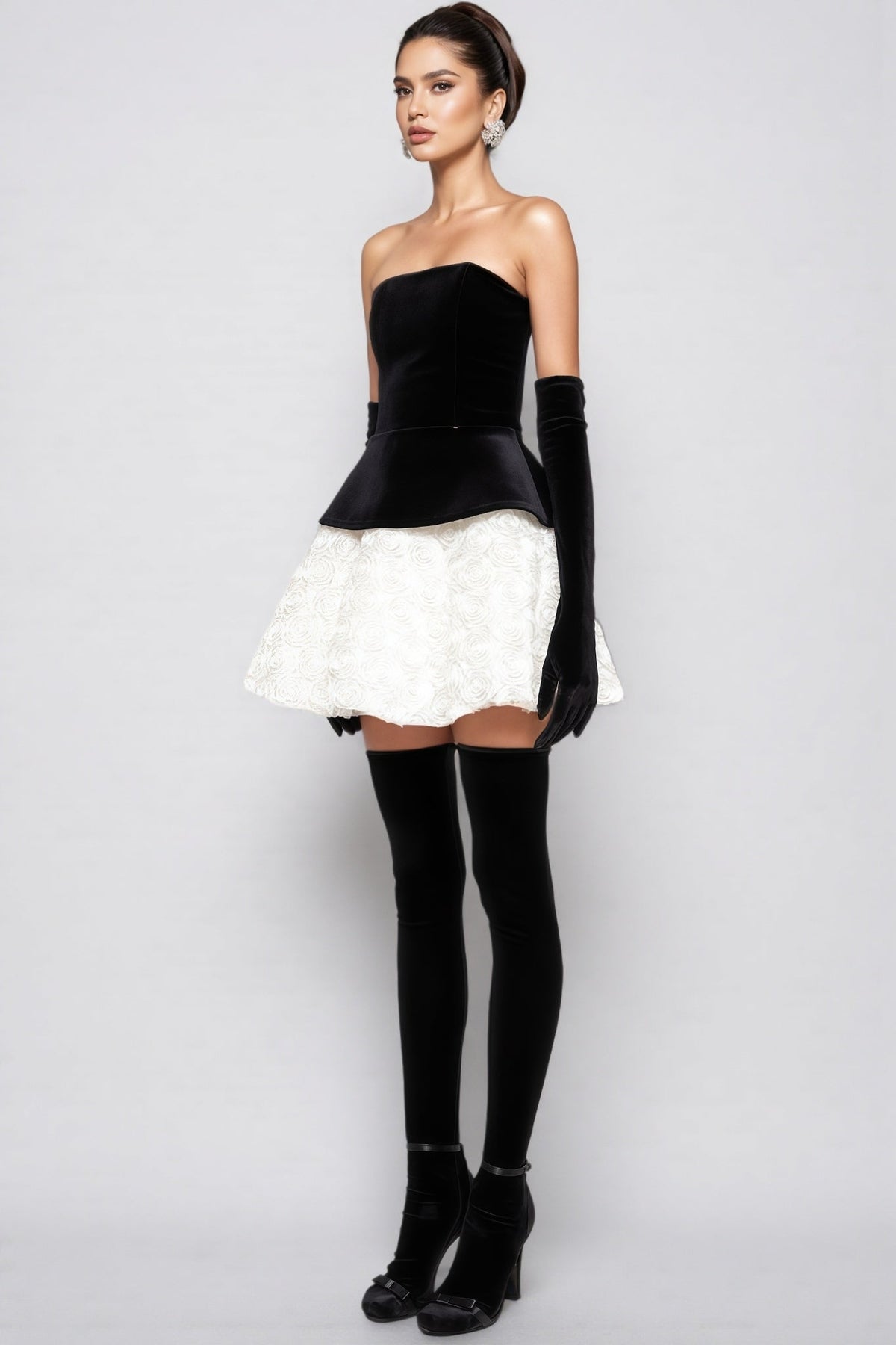 Strapless Velvet Peplum Bodice Rosette Textured Skirt Mini Dress 3