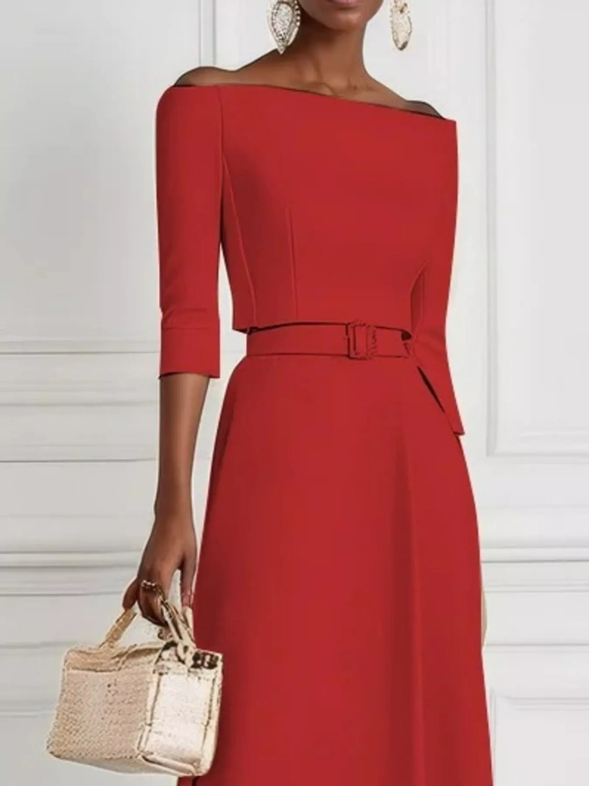 Off Shoulder Half Sleeve Belted A-Line Maxi Dress 15