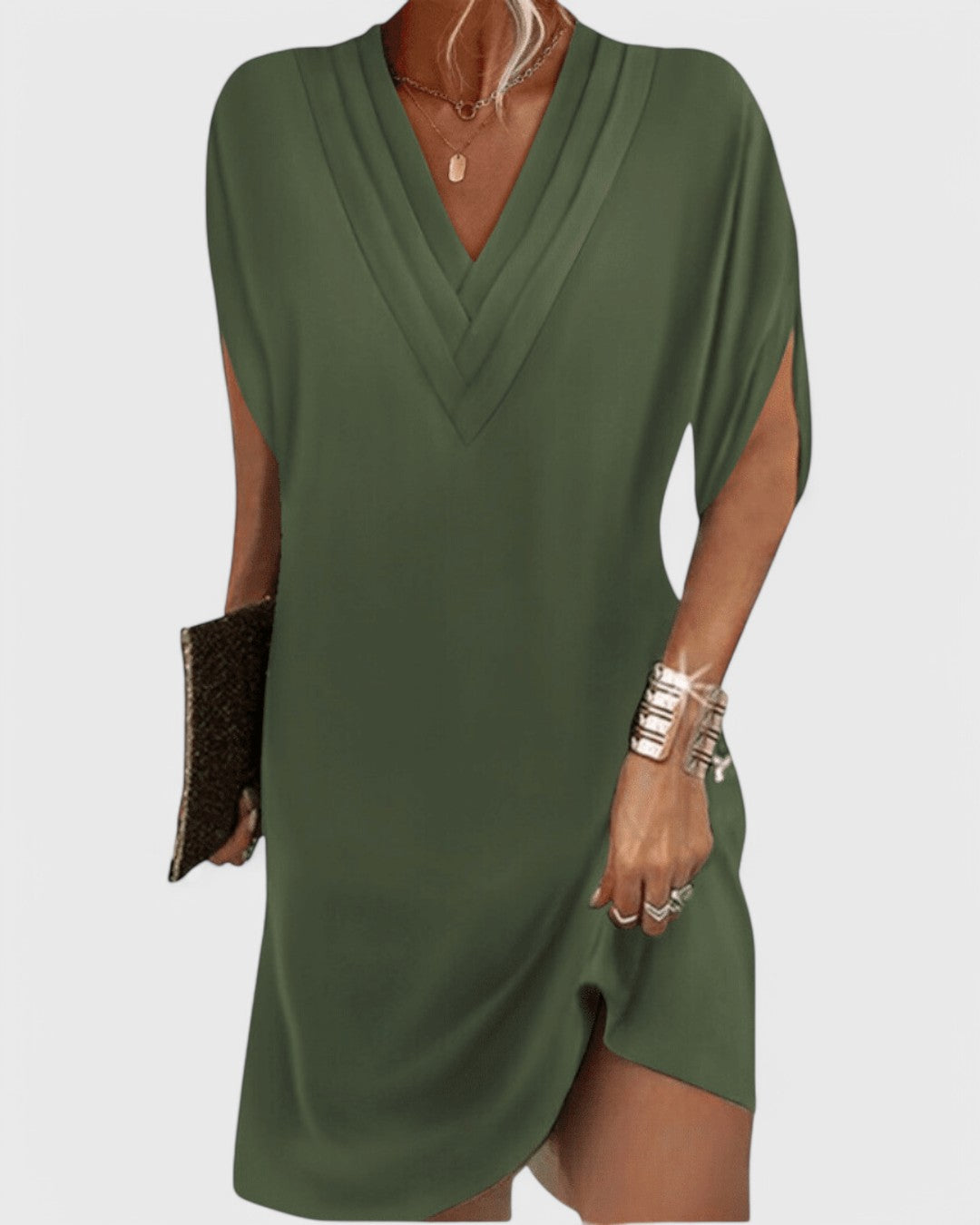 Deep V-Neck Short Sleeve Shift Mini Dress