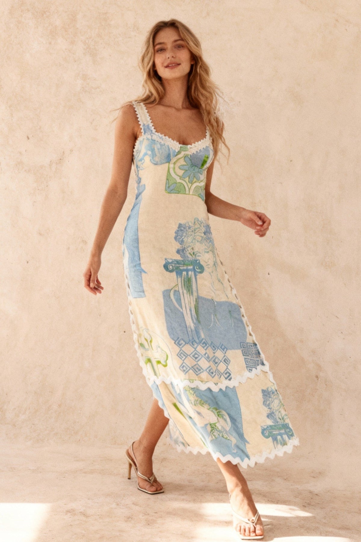 Abstract Print Ric Rac Trim Tie Back Sleeveless Maxi Dress 3