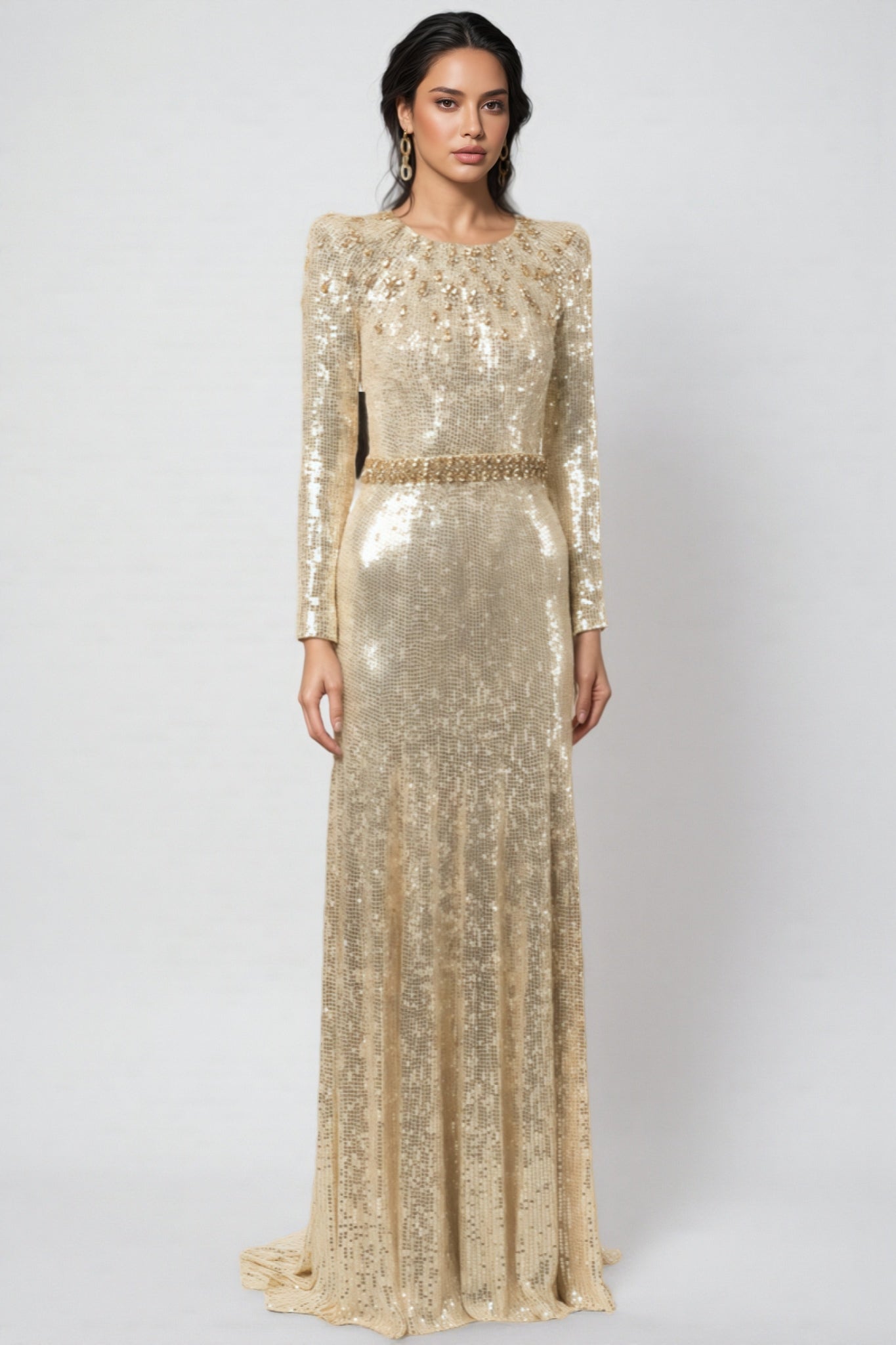 Eaplty Diamond Encrusted Gold Sequin Maxi Dress - View 2
