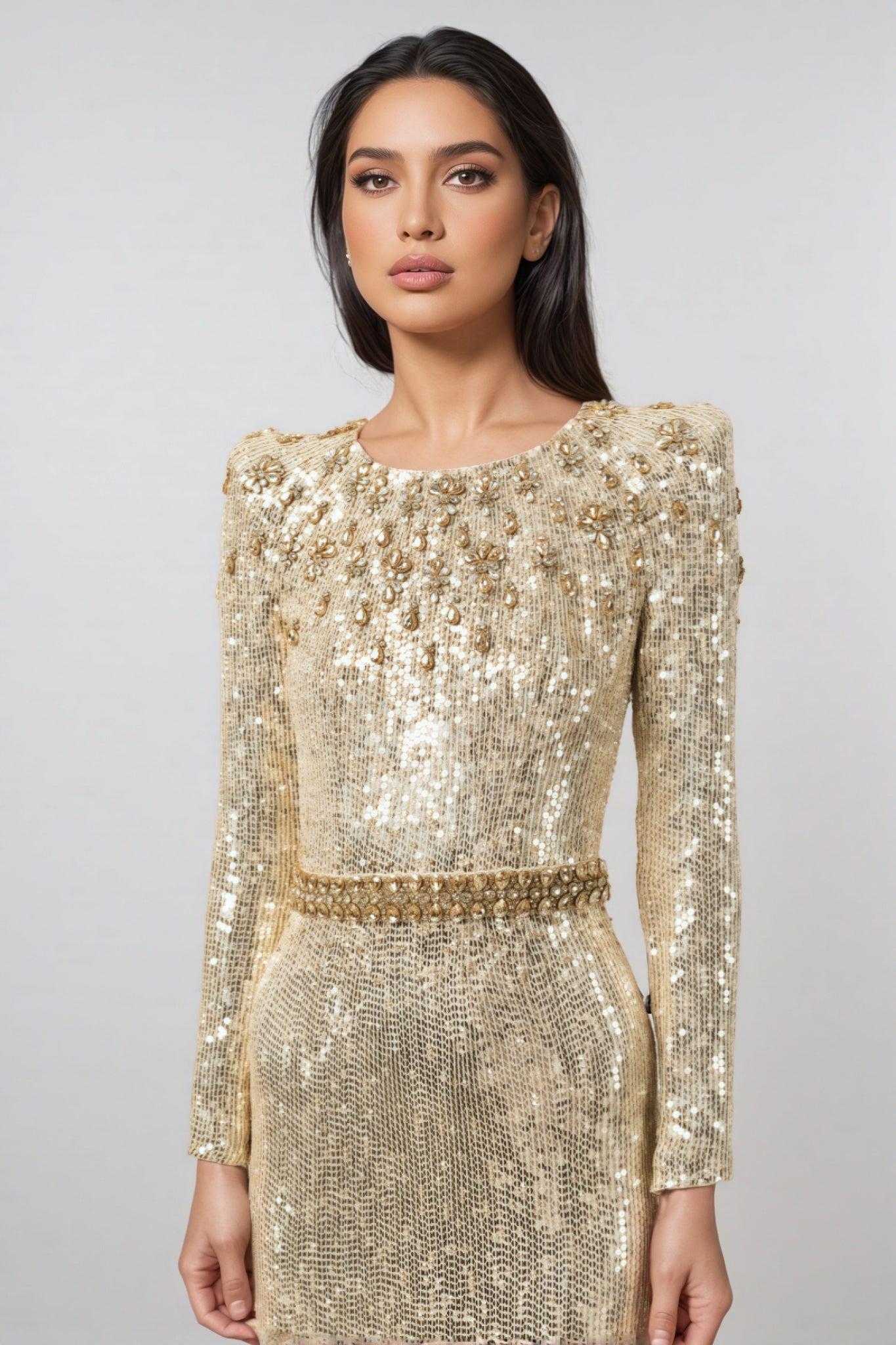 Eaplty Diamond Encrusted Gold Sequin Maxi Dress - View 4