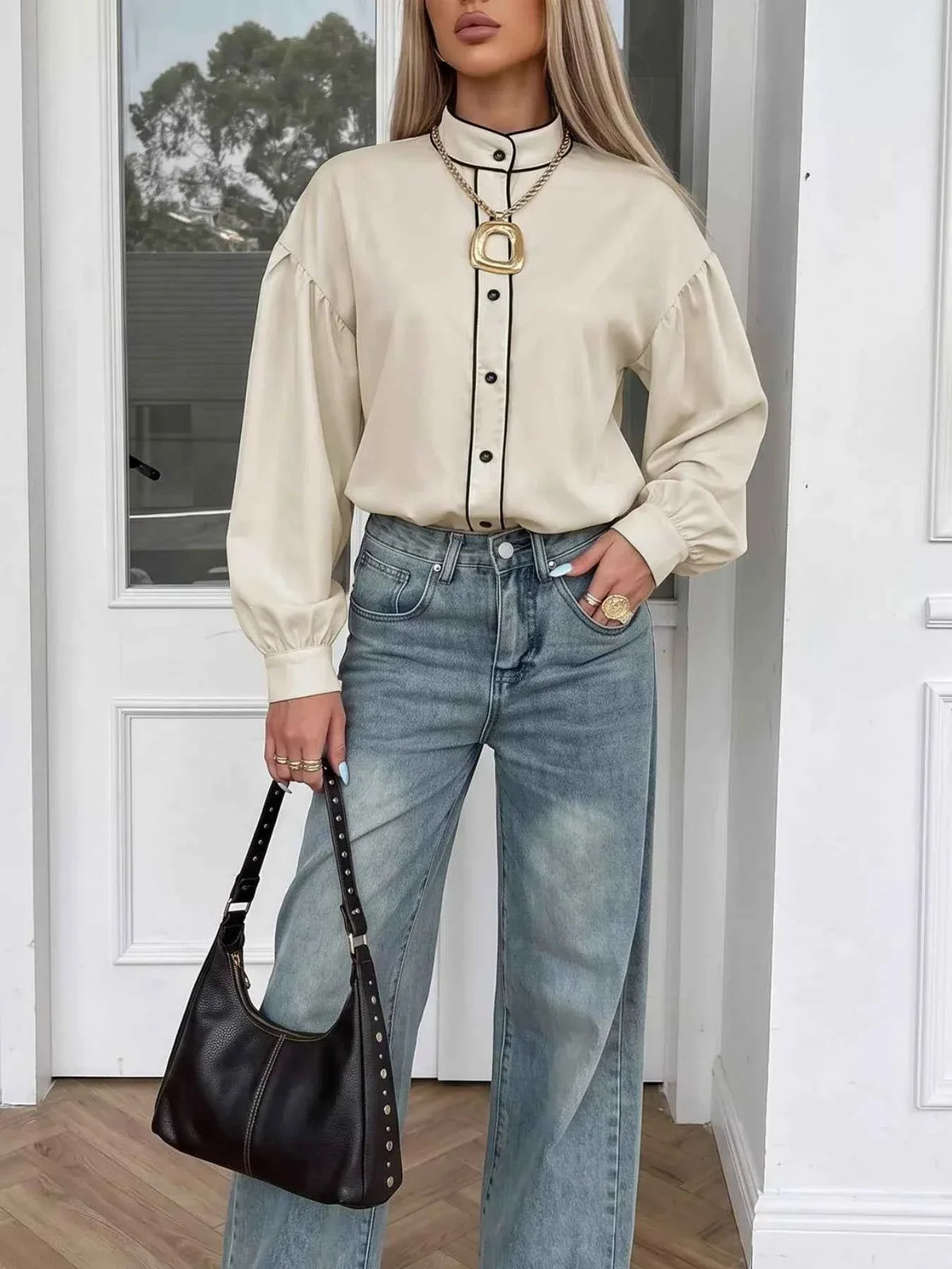 Contrast Piping Band Collar Button Front Puff Sleeve Blouse 7