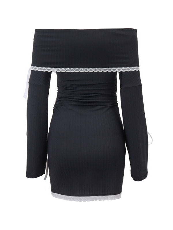 Vintage Off Shoulder Tie Up Long Sleeve Mini Dress with Lace Splice - View 5