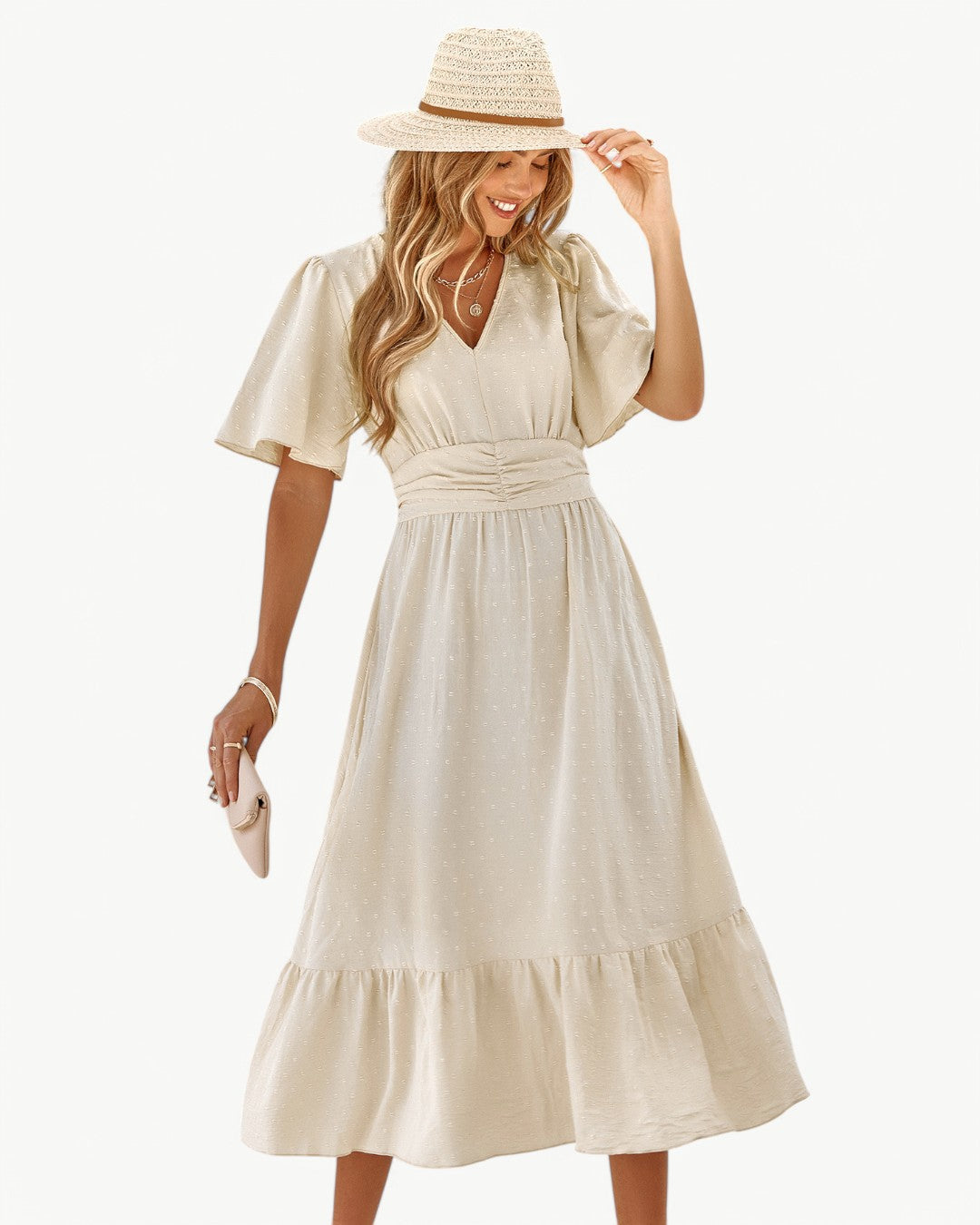 Swiss Dot V-Neck Flutter Sleeve Ruched Waist Tiered Midi Dress