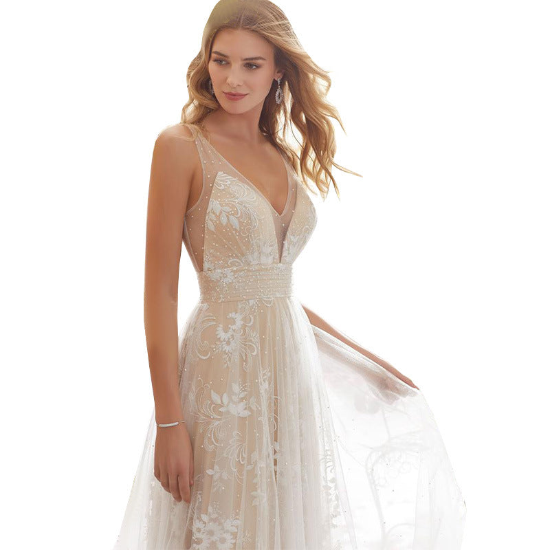 Lace Floral Deep V-Neck Sleeveless Beaded Waist Cape Train A-Line Wedding Gown