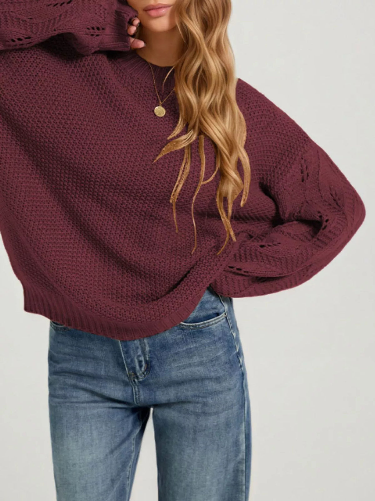 Oversized Textured Knit Openwork Lantern Sleeve Drop Shoulder Sweater 5