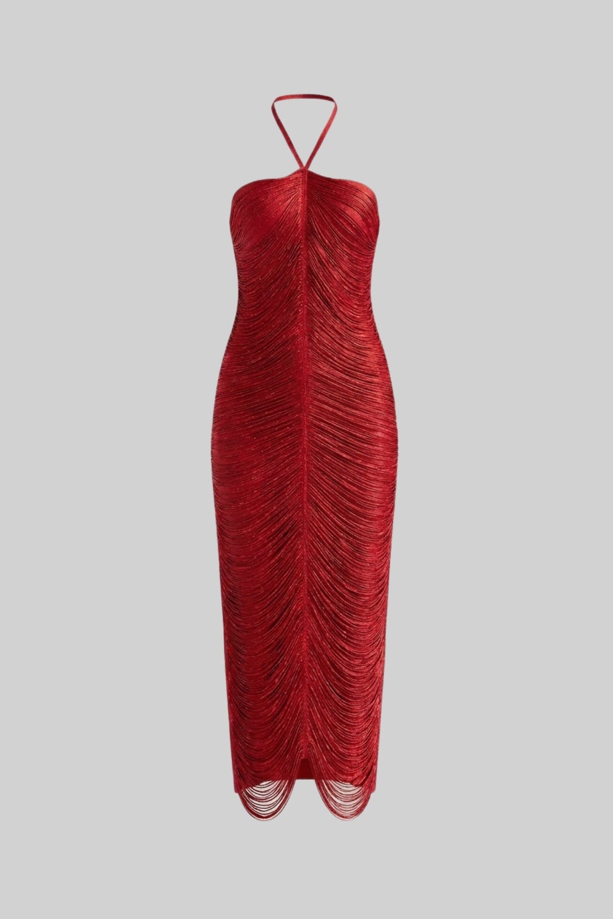 Halter Neck Draped Fringe Strand Bodycon Midi Dress 2