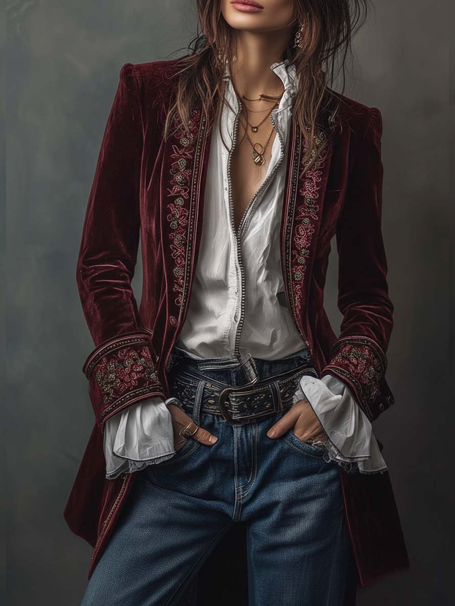 Embroidered Velvet Longline Blazer 11